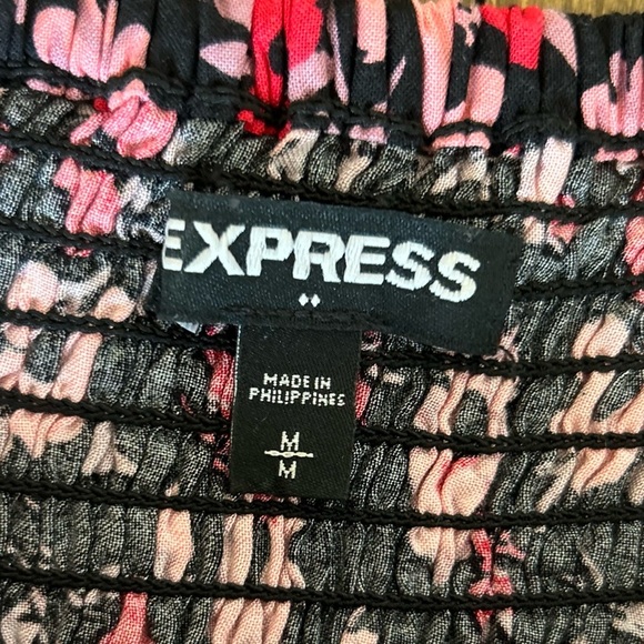 EXPRESS Black with pink/red Floral smocked top mini sundress off the shoulder - Picture 5 of 9